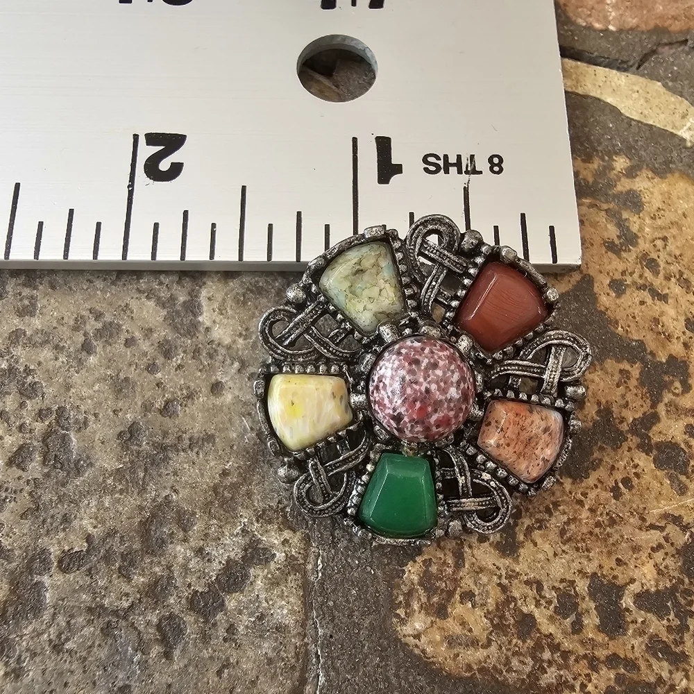 Vintage Multicolor Gemstone Brooch Pin Metalwork Circular Design Jewelry - Picture 7 of 7